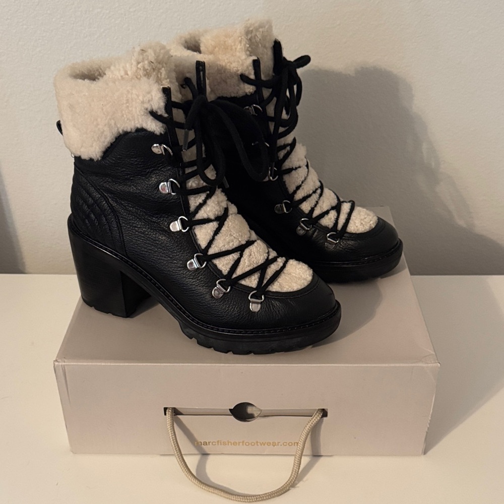 Marc Fisher Black and Cream Mldaven Leather Boots
